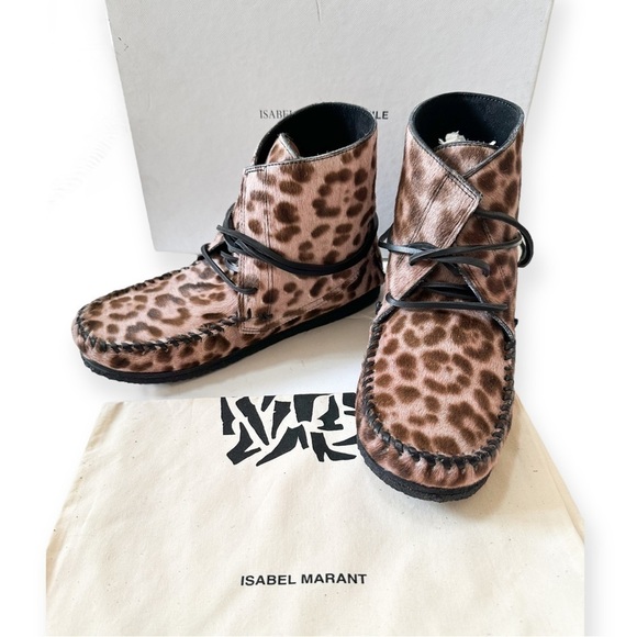 NWT  Isabel Marant Flavie Calf-hair Moccasin Ankle Boots In Leopard, Size 37EU - Picture 1 of 14